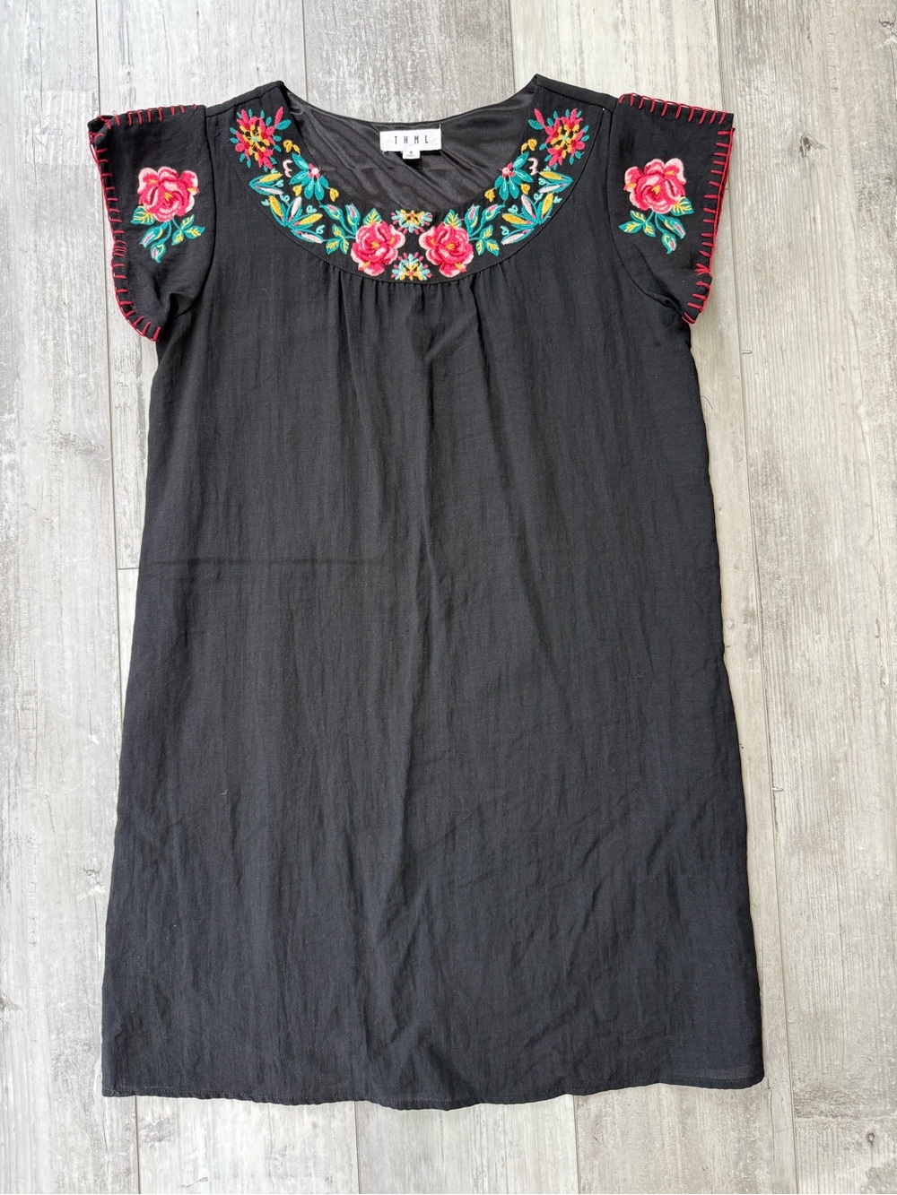 Anthropologie THML Embroidered Floral Shift Dress Black Boho Size Small